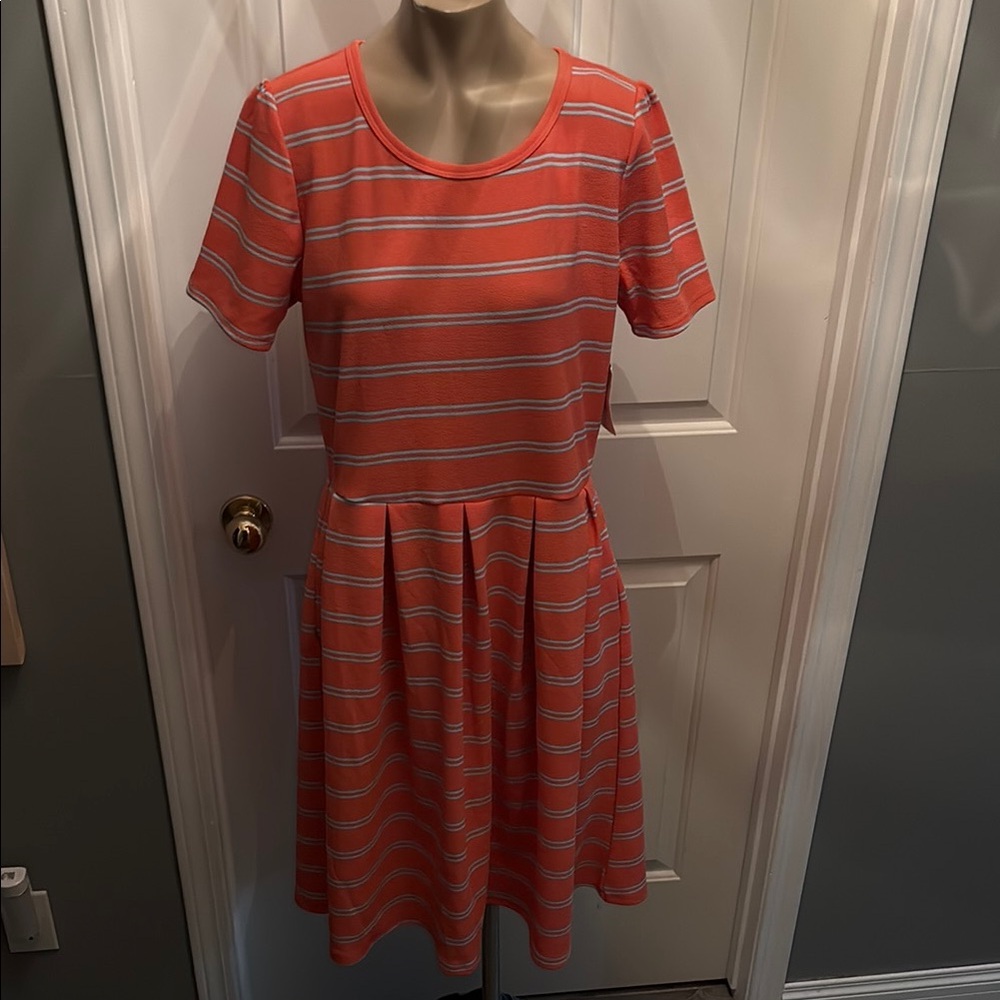 LuLaRoe Orange and White Pleated Fit and Flare Dress